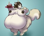 anthro areola big_breasts biped blue_background breasts brown_hair cake dessert feet female food hair holding_food holding_object nipples nude obese obese_anthro obese_female overweight overweight_anthro overweight_female plate simple_background solo standing hanazawa canid canine fox mammal 2023