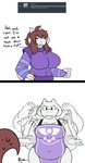 alternate_species anthro ask_blog big_breasts bodily_fluids boss_monster_(undertale) bovid breasts brown_hair caprine clothed clothing comic duo english_text female frisk_(undertale) fur goat hair hi_res horn huge_breasts long_ears long_hair mammal mature_anthro mature_female robertge simple_background text toriel undertale undertale_(series) white_background white_body white_fur