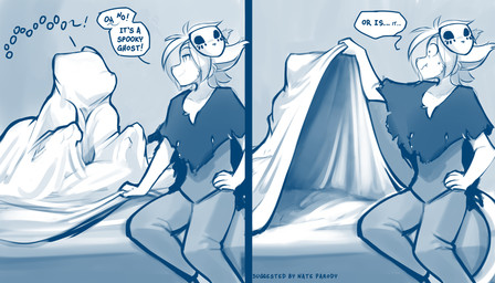 ambiguous_gender anthro bed bed_sheet bedding bedsheet_ghost bodily_fluids clothing costume dialogue duo faceless_character furniture holidays humor male mask moan on_bed scared sitting smile solo_focus sweat text conditional_dnp tom_fischbach halloween twokinds keith_keiser laura_(twokinds) ambiguous_species basitin ghost mammal spirit 2022 7:4 adobe_photoshop_(artwork) blue_and_white comic digital_media_(artwork) english_text hi_res monochrome sketch