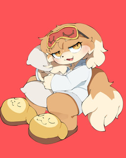 ambiguous_anthro ambiguous_gender anthro biped blindfold blush blush_lines brown_body brown_ears brown_fur brown_tail cheek_tuft clothed clothed_ambiguous clothed_anthro clothing countershade_face countershade_fur countershading cute_fangs dipstick_ears dipstick_tail ear_markings eyelashes eyemask eyewear facial_tuft fangs floppy_ears fluffy fluffy_ears fluffy_tail footwear front_view fully_clothed fully_clothed_ambiguous fully_clothed_anthro fur kemono looking_at_viewer markings mask multicolored_body multicolored_ears multicolored_fur multicolored_tail open_mouth open_smile pajamas red_background shoes simple_background sitting sleep_mask slippers smile solo tail tail_markings tan_body tan_countershading tan_ear_tips tan_ears tan_fur tan_tail tan_tail_tip teeth three-quarter_view tuft two_tone_body two_tone_ears two_tone_fur two_tone_tail yellow_eyes abyss_creature_(artist) canid canine canis domestic_dog mammal 2025 absurd_res colored digital_media_(artwork) hi_res shaded simple_shading