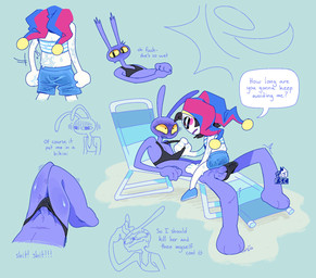 anthro balls beach_background beach_chair bikini bikini_bottom bikini_pull bikini_thong bikini_top biped blue_clothing blue_eyes bodily_fluids brown_hair butt clothed clothed_anthro clothed_female clothed_male clothing clothing_pull duo female fool's_hat genitals hair hat headgear headwear jester jester_outfit male pecs penis purple_body rabbit_ears red_clothing red_eyes swimming_trunks swimwear swimwear_pull tail two-piece_swimsuit yellow_eyes fsc glitch_productions the_amazing_digital_circus jax_(tadc) pomni_(tadc) animal_humanoid humanoid lagomorph lagomorph_humanoid leporid leporid_humanoid mammal mammal_humanoid rabbit rabbit_humanoid hi_res