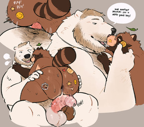 anal anal_penetration anthro anthro_on_anthro anthro_penetrated anthro_penetrating anthro_penetrating_anthro anus balls beard big_butt body_hair brown_body brown_fur brown_hair butt cheek_tuft chest_hair dialogue duo erection eyewear eyewear_only facial_hair facial_tuft fangs fur genitals glans glasses glasses_only good_boy hair half-closed_eyes happy_trail huge_butt humanoid_genitalia humanoid_penis leaf leaf_on_head male male/male male_penetrated male_penetrating male_penetrating_male markings mustache narrowed_eyes nude open_mouth open_smile penetration penile penile_penetration penis penis_in_ass raised_tail sex slightly_chubby slightly_chubby_anthro slightly_chubby_male smile speech_bubble stickers_on_butt stickers_on_face striped_markings striped_tail stripes tail tail_markings tan_body tan_fur teeth text thick_thighs tuft wearing_glasses wide_hips roseonapot nick_(roseonapot) toast_(roseonapot) bear canid canine mammal polar_bear raccoon_dog tanuki ursine english_text hi_res