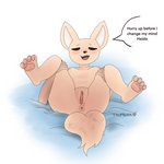 4_toes anthro anus bed_sheet bedding big_ears blush breasts fangs feet female fluffy fluffy_tail genitals pawpads paws pussy smug soles solo spread_legs spreading tail teeth text toes tkupbook aggretsuko sanrio fenneko canid canine fennec_fox fox mammal true_fox 1:1 english_text hi_res