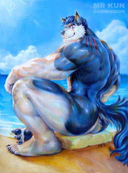 5_toes anthro back_muscles back_scar barazoku beach big_feet big_muscles biped black_body black_claws black_fur black_nose black_pawpads blue_eyes blue_hair blue_sky butt claws cloud countershade_arms countershade_butt countershade_face countershade_fur countershade_legs countershade_tail countershade_torso countershading day deltoids ear_piercing ear_stud eye_scar eyebrows facial_scar feet finger_claws fingers forearm_muscles fur grin hair huge_muscles humanoid_feet looking_at_viewer looking_back looking_back_at_viewer male male_anthro manly multicolored_body multicolored_fur muscular muscular_anthro muscular_arms muscular_male nails nude outdoor_nudity outside pawpads piercing plantigrade rear_view sand scar sea shoulder_scar sitting sky smile smiling_at_viewer solo tail teeth text three-quarter_view toe_claws toes trapezius triceps two_tone_body two_tone_fur underbite water white_body white_countershading white_fur mrkun tokitechie canid canine canis mammal wolf 2025 absurd_res artist_name colored_pencil_(artwork) english_text full-length_portrait hi_res portrait shaded signature traditional_media_(artwork) watermark