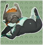 armor big_butt black_body border breasts butt eyelashes feet feet_up female green_background green_markings grey_body hair headgear helmet humanoid_pointy_ears lying markings on_front one_eye_obstructed orange_hair pattern_background pointy_ears red_eyes short_stack simple_background small_breasts snaggle_tooth solo thick_thighs white_border wide_hips yellow_sclera jxzuke nintendo the_legend_of_zelda twilight_princess midna imp twili hi_res