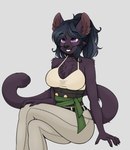 anthro big_breasts black_body black_fur black_hair breasts cleavage clothed clothing female fur hair smile solo topwear invz chernota felid feline felis mammal pantherine 2024 digital_media_(artwork) hi_res