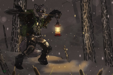 anthro armor backpack boots bottomwear clothed clothing coat detailed_background eyewear footwear forest gloves goggles hair handwear headgear holding_object lamp lantern male open_mouth outside plant post-apocalyptic shoes shovel smile snow snowing solo tools topwear tree fighterjet canid canine canis fox hybrid mammal wolf digital_media_(artwork) hi_res