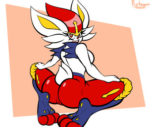 anthro butt feet female genitals looking_at_viewer nude presenting presenting_hindquarters smile smiling_at_viewer soles solo teasing toes twerking vulva protagonart nintendo pokemon cinderace generation_8_pokemon lagomorph leporid mammal pokemon_(species) hi_res