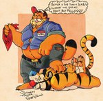 anthro ball_gag bdsm bodily_fluids bondage bound clothing countershading crossover domestic_cat duo english_text felid feline felis frosted_flakes gag garf_of_finland garfield_(series) garfield_the_cat kellogg's male male/male mammal mascot muscular nude pantherine slightly_chubby sweat tail text tiger tony_the_tiger