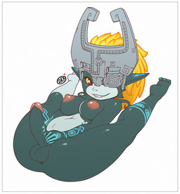 areola balls blonde_hair blue_body blue_skin breasts clothing erection fused_shadow genitals grey_body grey_skin gynomorph gynomorph_humanoid hair headgear headwear intersex intersex_humanoid long_hair looking_at_viewer lying nails navel nipples not_furry nude on_back penis red_eyes shortstack shortstack_gynomorph shortstack_intersex simple_background smile solo spread_legs spreading teeth thick_thighs white_background white_body white_skin daxzor nintendo the_legend_of_zelda twilight_princess midna humanoid twili 2014