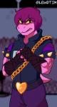 anthro chain chalk clothed clothing crossgender eating fingerless_gloves ftm_crossgender gloves hair handwear looking_at_viewer male muscular muscular_anthro muscular_male purple_hair short_hair solo yellow_eyes yellow_sclera just_tim deltarune undertale_(series) susie_(deltarune) reptile scalie digital_media_(artwork) hi_res