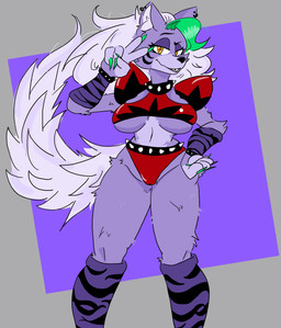 anthro armwear belt big_breasts bottomwear bracelet breasts camel_toe clothing collar colored_nails ear_piercing ear_ring eyelashes facial_markings female fur gesture green_highlights green_nails grey_background hair hand_gesture hand_on_hip head_markings highlights_(coloring) jewelry legwear markings nails piercing purple_armwear purple_background purple_body purple_clothing purple_fur purple_legwear red_bottomwear red_clothing red_topwear ring_piercing sharp_nails sharp_teeth shoulder_pads simple_background smile solo spiked_belt spiked_collar spikes studded_bracelet studded_jewelry studs teeth thick_thighs topwear under_boob v_sign white_hair wide_hips yellow_eyes killer._ez five_nights_at_freddy's five_nights_at_freddy's:_security_breach scottgames steel_wool_studios roxanne_wolf canid canine canis mammal wolf 2021 absurd_res digital_media_(artwork) hi_res