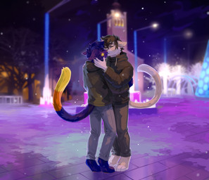 anthro barefoot blue_hair blurred_background bottomwear brown_bottomwear brown_clothing brown_hair brown_jacket brown_pants brown_topwear building clothed clothing dipstick_tail duo eyes_closed feet fur grey_bottomwear grey_clothing grey_pants hair jacket kiss_on_lips kissing male male/male markings multicolored_body multicolored_fur multicolored_hair night orange_body orange_fur outside pants pink_nose plant purple_body purple_fur romantic romantic_couple standing street_lamp tail tail_markings tan_body tan_fur topwear tree two_tone_hair unsigned white_body white_fur winter_clothing yellow_body yellow_fur corzh77 domestic_cat felid feline felis mammal absurd_res digital_media_(artwork) hi_res