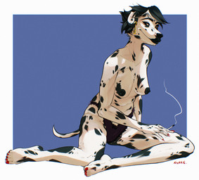 anthro areola black_nipples breasts cigarette clothed clothing colored_nails ear_piercing female fur hair jewelry looking_at_viewer markings mostly_nude multicolored_body multicolored_fur multicolored_hair nails nipples panties piercing red_nails simple_background sitting smile smoke solo spots spotted_body tail two_tone_body two_tone_hair underwear white_body white_fur coca ellen_keaton canid canine canis dalmatian domestic_dog mammal 2026 digital_media_(artwork) hi_res shaded signature