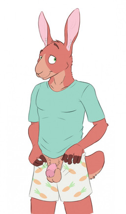 anthro balls biped bottomwear boxers_(clothing) brown_body brown_fingers brown_fur circumcised clothing eyebrows flaccid fur genitals glans green_eyes head_tuft humanoid_genitalia humanoid_penis inner_ear_fluff long_ears looking_aside male orange_balls orange_body orange_fur orange_tail pants pattern_bottomwear pattern_clothing pattern_pants penis pink_glans pink_inner_ear pink_penis presenting presenting_balls presenting_penis raised_eyebrow red_body red_ears red_fur red_tail scut_tail shirt short_tail simple_background smile solo standing t-shirt tail teeth topwear tuft underwear white_background white_inner_ear_fluff bucklebunny lagomorph leporid mammal rabbit digital_media_(artwork) hi_res