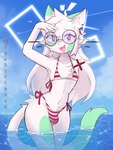 amputee anthro bikini bulge clothing disability eyewear femboy fur glasses hair long_hair male male_anthro micro_bikini missing_arm panties_bulge partially_submerged solo swimwear tail two-piece_swimsuit water whiskers white_body white_fur white_hair exyli matt_(exyli) felid feline mammal 2023 hi_res