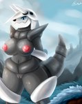 anthro big_breasts breasts female genitals horn looking_at_viewer nipples pussy simple_background solo fawe nintendo pokemon aggron generation_3_pokemon pokemon_(species) digital_drawing_(artwork) digital_media_(artwork) hi_res shaded signature