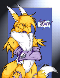 anthro armwear biped black_nose black_sclera blue_eyes bridal_gauntlets chest_fur clothing collar crossed_arms dialogue ear_piercing featureless_crotch fur glaring gloves hair handwear long_hair looking_at_viewer male mostly_nude multicolored_body multicolored_fur piercing ponytail purple_armwear purple_clothing scar simple_background solo speech_bubble standing studs text two_tone_body two_tone_fur white_body white_fur yellow_body yellow_fur yin_yang genetic-enigma bandai_namco digimon renny canid canine digimon_(species) mammal renamon english_text