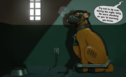 bdsm blush bowl chain clothing container feral fur latex latex_clothing latex_skinsuit male orange_eyes pet_bowl prison_bars prison_cell prison_uniform restrained skinsuit solo tan_body tan_fur text text_box tight_clothing skidoo cougar felid feline mammal english_text hi_res