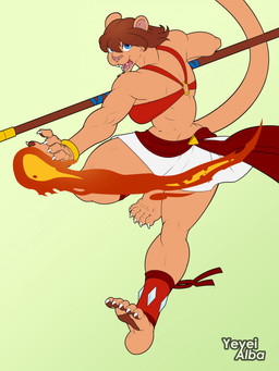 5_fingers 5_toes action_pose anklet anthro athletic athletic_female bangs blue_eyes bottomwear bracelet brown_hair claws clothed clothing feet female finger_claws fingers fire fireball fur hair jewelry melee_weapon muscular muscular_female o-ring orange_body orange_fur pawpads pose quarterstaff sash skirt solo staff toe_claws toes weapon yeyeialba raziya_(racheltheseeker) felid lion mammal pantherine hi_res signature