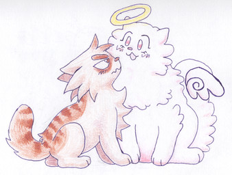 ambiguous_feral ambiguous_gender cheek_tuft chest_tuft duo facial_tuft featureless_crotch female female/ambiguous female_feral feral feral_on_feral floating_wings fluffy fluffy_tail front_view halo larger_female open_mouth open_smile side_view simple_background sitting size_difference smaller_ambiguous smile tail tuft unusual_anatomy unusual_wings wings wobbly_mouth teochronico beethorn_(heavypaw) snowdrop_(heavypaw) domestic_cat felid feline felis mammal 2025 colored_pencil_(artwork) hi_res traditional_media_(artwork) female_(lore)