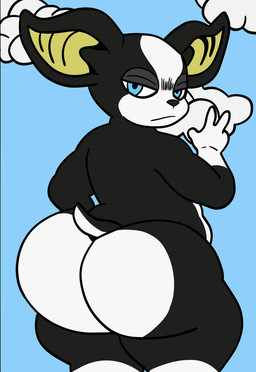 anthro anthrofied bare_butt big_butt big_ears black_body black_fur black_nose blue_background blue_eyes butt cloud exposed_butt fur gesture hand_gesture looking_at_viewer looking_back looking_back_at_viewer male multicolored_body multicolored_fur neutral_expression nude nude_anthro nude_male short_tail simple_background slightly_chubby slightly_chubby_anthro slightly_chubby_male small_tail solo tail v_sign white_body white_butt white_fur white_hands yellow_ears kmcrawolfy jojo's_bizarre_adventure stardust_crusaders iggy_(jjba) boston_terrier canid canine canis domestic_dog hunting_dog mammal molosser small_molosser terrier toy_dog 2025 hi_res