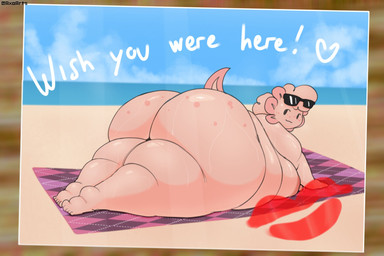 anthro beach beach_towel big_butt big_moobs black_eyes bodily_fluids brown_body brown_hair brown_tail butt cloud day exclamation_point eyewear eyewear_on_head freckled_butt freckled_face freckles hair heart_symbol huge_butt island kiss_mark looking_back lying male moobs nipples nude obese obese_anthro obese_male on_front on_towel outside overweight overweight_anthro overweight_male photo pink_nipples postcard presenting presenting_hindquarters rear_view sand sea sky smile solo sunglasses sunglasses_on_head sweat tail text thick_thighs three-quarter_view towel two_tone_tail water wearing_sunglasses wish_you_were_here axoarts franz_(axoarts) amphibian aquatic axolotl mole_salamander salamander 2026 artist_name digital_media_(artwork) english_text hi_res