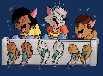 3_toes anthro bdsm black_hair blue_bottomwear blue_clothing blue_pants bondage bottomwear bound brown_body brown_fur brown_hair brown_nose cheek_tuft claws clothed clothed_anthro clothing eyes_closed facial_tuft feet fur fur_tuft grey_body grey_fur grey_nose group hair laugh male open_mouth open_smile pants pink_inner_ear pink_tongue purple_bottomwear purple_clothing purple_pants red_clothing red_shirt red_topwear restraints rope rope_bondage shirt smile stocks tickle_fetish tickle_torture tickling tickling_feet tickling_machine toe_claws toes tongue topwear trio tuft whiskers yellow_clothing yellow_shirt yellow_topwear young young_anthro salmacisreptile hanna-barbera swat_kats domestic_cat felid feline felis mammal alpha_channel
