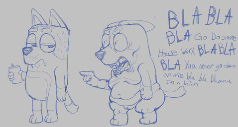 4_fingers angry anthro belly belly_rolls big_belly big_eyes biped blue_text breasts can container dialogue duo ears_back eyebrows featureless_breasts featureless_crotch female fingers frown genitals gesture gloves_(marking) grey_background half-closed_eyes hand_gesture holding_can holding_container holding_object humanoid_hands husband husband_and_wife innie_vulva iris leg_markings looking_at_another looking_back looking_back_at_another male markings married_couple mature_anthro mature_female mature_male medium_breasts monotone_background mouth_closed narrowed_eyes navel no_pupils nude nude_anthro nude_female nude_male obese obese_anthro obese_female open_frown open_mouth overweight overweight_anthro overweight_female pivoted_ears plantigrade pointing pointing_at_another pointy_ears prick_ears profanity sagging_breasts simple_background snout socks_(marking) straight_legs talking_to_another teeth text thick_eyebrows three-quarter_view tongue vulva wife xthe_real_cjx bluey_(series) bandit_heeler chilli_heeler australian_cattle_dog canid canine canis cattledog domestic_dog herding_dog mammal pastoral_dog 2025 absurd_res blue_and_grey digital_drawing_(artwork) digital_media_(artwork) english_description english_text hi_res monochrome sketch
