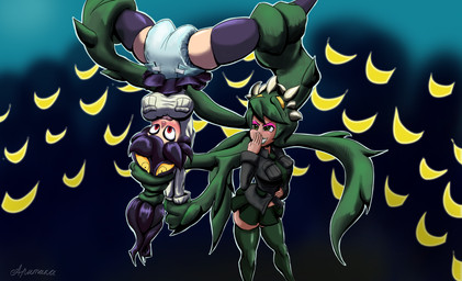 abstract_background accessory assisted_exposure black_hair bottomwear clean_diaper clothed clothing collared_shirt dark_body dark_skin defeated diaper diaper_fetish diaper_under_clothing diaper_under_skirt dominant dominant_female doppleganger dress_shirt duo embarrassed eyeshadow female female/female grabbing_both_legs green_eyes green_hair grin hair hair_grab hand_on_hip hanging_upside_down humiliation laugh legwear light_body light_skin lipstick makeup midriff mocking necktie open_mouth pink_eyeshadow pleated_skirt prehensile_hair purple_lipstick red_eyes restrained sharp_teeth shirt skirt skirt_flip smile spread_legs spreading standing submissive submissive_female teeth thick_thighs thigh_highs topwear touching_hair upside_down upskirt wearing_diaper white_diaper wide_eyed worried arita_tian skullgirls filia fukua_(skullgirls) samson shamone_(skullgirls) hair_creature human mammal parasite_(skullgirls) 2025 absurd_res digital_media_(artwork) hi_res signature