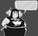 anthro band_shirt bangs belly big_belly black_hair blush bodily_fluids bottomwear bracelet chain_necklace clothing dialogue ear_piercing ear_ring eyeshadow facial_piercing female flirting flirting_look flying_sweatdrops hair jewelry makeup necklace nose_piercing nose_ring obese obese_anthro obese_female overweight overweight_anthro overweight_female pants piercing ring_piercing smile solo speech_bubble spiked_bracelet spikes sweat sweatdrop tail text glubbub siouxsie_and_the_banshees elise_(glubbub) elephant elephantid mammal proboscidean english_text greyscale hi_res monochrome