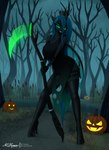 anthro big_breasts blue_hair boots breasts check_engine_indicator clothed clothing energy_scythe energy_weapon female food footwear fruit glowing glowing_eyes green_eyes green_lips hair high_heeled_boots high_heels holding_object holidays horn insect_wings jack-o'-lantern legwear lips lipstick looking_at_viewer makeup melee_weapon plant polearm pumpkin scythe shoes smile solo swamp text thigh_boots thigh_highs weapon wings clearvision friendship_is_magic halloween hasbro my_little_pony queen_chrysalis_(mlp) arthropod changeling equid equine horse mammal pony absurd_res hi_res url