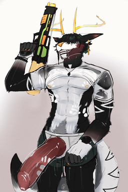 animal_genitalia animal_penis anthro balls big_penis black_body black_hair canine_genitalia canine_penis clothing erection genitals hair horn male nipple_piercing nipples penis piercing shirt simple_background solo tail topwear toy toy_gun underwear wet wet_clothing wet_shirt wet_topwear zenfry saint_(zenfry) hybrid mammal animated digital_media_(artwork) hi_res