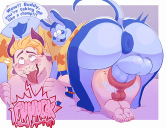 2_penises anal anal_orgasm anal_penetration anthro anus backsack balls big_balls big_butt blonde_hair blue_tongue blush blush_lines bodily_fluids body_blush bracelet butt butt_blush crying_while_penetrated dialogue dominant drooling duo ejaculation eyebrows fangs fur genitals hair hands-free happy happy_sex interspecies jewelry larger_dom male male/male motion_lines multi_genitalia multi_penis nude nude_male on_top_of_another open_mouth orgasm orgasm_face overweight overweight_anthro overweight_male penetration penile penile_penetration penis penis_in_ass profanity puffy_anus pupils saliva saliva_string sex shaking_orgasm shoeless simple_background size_difference smaller_male speech_bubble tail tears tears_of_pleasure technically_nude teeth tongue whiskers white_body white_fur yelling yellow_pupils oseterollicete aquatic bovid caprine felid feline fish goat mammal manta_ray ray_(fish) alternate_version_at_source digital_media_(artwork) hi_res shaded