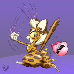 ambiguous_gender anthro big_breasts big_butt breasts butt butt_slap claws duo eyewear female fur motion_lines pink_body side_boob slap sunglasses thick_thighs tuft wide_hips yellow_sclera supermoonshroom kirby_(series) kirby_and_the_forgotten_land nintendo clawroline kirby felid leopard mammal pantherine 1:1 absurd_res hi_res watermark