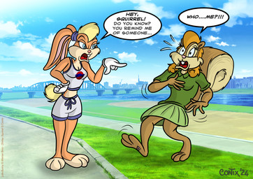 3_toes 4_fingers angry anthro barefoot basketball_uniform big_tail biped black_eyes blonde_hair blue_eyes blue_hairband bottomwear cheek_tuft city cityscape clothed clothed_anthro clothed_female clothing copyright_symbol cotton_tail countershade_face countershade_feet countershade_neck countershade_tail countershade_torso countershading curled_tail dialogue duo eyebrows eyelashes facial_tuft feet female female/female female_anthro fingers fully_clothed fully_clothed_anthro fully_clothed_female gesture gloves grass green_blouse green_bottomwear green_clothing green_skirt hair hand_gesture handwear midriff open_mouth pawpads philtrum pink_nose pittsburgh plant plantigrade pointing pointing_at_another pupils shocked skirt snout soles speech_bubble sportswear spread_fingers standing symbol tail talking_to_another text toeless_(marking) toes toony tuft tune_squad_outfit_(1996) uniform wearing_gloves white_clothing white_gloves white_handwear contix looney_tunes warner_brothers lola_bunny shirley_squirrel lagomorph leporid mammal rabbit rodent sciurid tree_squirrel 2024 absurd_res dated english_text full-length_portrait hi_res portrait signature