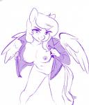 anthro bent_over big_breasts bottomless breasts clothed clothing feathered_wings feathers female flashing genitals hair long_hair looking_at_viewer nipples open_clothing open_shirt open_topwear pussy shirt simple_background solo topwear undressing wings lizombie hasbro my_little_pony mythology fan_character spur_bevel_(oc) equid equine mammal mythological_creature mythological_equine pegasus digital_media_(artwork) monochrome