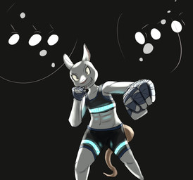 anthro bottomwear boxing boxing_shorts boxing_tape clothed clothing female fur glowing glowing_clothing lights looking_at_viewer muscular simple_background solo sport topwear white_body white_fur rayne-the-skunk mammal mouse murid murine rodent