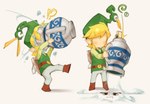 beak blonde_hair clothing container duo faceless footwear hair humanoid_pointy_ears jar light_body light_skin male open_beak open_mouth pointy_ears simple_background wind onimiere minish_cap nintendo the_legend_of_zelda wind_waker ezlo toon_link avian elf humanoid hylian 2024 hi_res