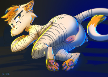 4_toes anthro anus butt feet female fur genitals hair smile solo striped_body striped_fur stripes tan_eyes tan_hair toes vulva ratcha skitty_the_tigress felid mammal pantherine tiger 2020 absurd_res digital_media_(artwork) hi_res