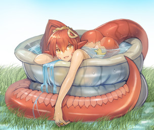 apode blush butt female grass green_eyes hair humanoid_pointy_ears kiddie_pool legless looking_at_viewer monster_girl_(genre) open_mouth outside plant pointy_ears ponytail red_body ring rubber_duck serpentine smile solo split_form water sookmo monster_musume miia_(monster_musume) draconcopode humanoid lamia reptile scalie snake 2017 absurd_res hi_res