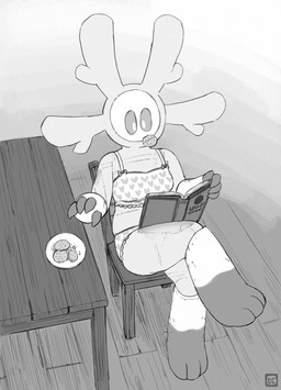 3_toes anthro biped claw_fingers clothing cookie crossed_legs eating feet female food greyscale_background reading solo toes translucent translucent_body underwear chimeracauldron nintendo pokemon bleach_(drakonyxx) cursola generation_8_pokemon pokemon_(species) greyscale hi_res monochrome