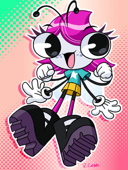 antennae_(anatomy) anthro big_eyes black_arms black_boots black_clothing black_footwear black_legs blue_clothing blue_shirt blue_topwear boots bottomwear clothing dotted_background female footwear freckled_face freckles gloves grey_body grey_skin hair handwear insect_wings orange_bottomwear orange_clothing orange_skirt pattern_background pink_clothing pink_footwear pink_hair pink_socks shirt shoes simple_background skirt socks solo t-shirt toony topwear white_clothing white_gloves white_handwear wings rongs1234 disney the_buzz_on_maggie maggie_pesky arthropod fly_(animal) insect 2012 3:4