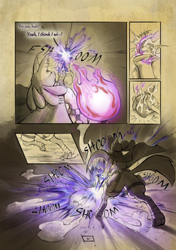 anthro attack aura_sphere biped cloak clothing dialogue duo fight hand_spike male motion_lines onomatopoeia page_number sound_effects spikes spikes_(anatomy) text truescorn nintendo pokemon pokemon_mystery_dungeon shadows_for_hire spike_chunsoft asche_(truescorn) generation_4_pokemon generation_8_pokemon hisuian_form hisuian_typhlosion lucario pokemon_(species) regional_form_(pokemon) 2025 absurd_res comic english_text hi_res huge_filesize