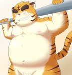 anthro belly humanoid_hands male navel nipples overweight overweight_anthro overweight_male pink_nose pubes solo young young_anthro 5groo5 felid mammal pantherine tiger 2021 hi_res