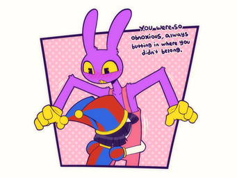 anthro blush blush_lines duo female hug jester larger_male male size_difference text whygena glitch_productions the_amazing_digital_circus jax_(tadc) pomni_(tadc) human lagomorph leporid mammal rabbit 4:3 english_text hi_res