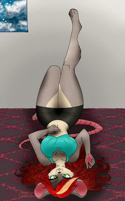 anthro areola big_breasts big_ears black_bottomwear black_clothing black_skirt blue_clothing blue_shirt blue_topwear bottomwear breasts carpet carpeted_floor clothing female fur green_eyes grey_body grey_fur hair huge_hips huge_thighs hyper hyper_hips hyper_thighs pawpads paws purple_areola rat_tail red_hair shirt skirt small_waist solo tail tan_body tan_fur tank_top thick_thighs topwear wall_(structure) wide_hips alechia_val keniahoward18 kelly_val mammal murid murine rat rodent 5:8 hi_res