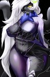 2023 anthro artist_name big_breasts breasts camel_toe cleavage clothed clothing darkrai female generation_4_pokemon genitals hair hi_res legendary_pokemon legs_together long_hair meme meme_clothing navel nintendo pokemon pokemon_(species) pussy shinchiichu smile solo standing string_jumpsuit under_boob white_hair yellow_eyes