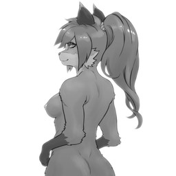 accessory anthro breasts butt eyelashes eyewear female fingers fur glasses hair hair_accessory hair_tie looking_back nipples ponytail side_boob side_view simple_background smile solo ek64 canid canine fox mammal 1:1 absurd_res greyscale hi_res monochrome source_request