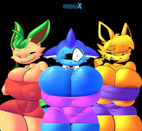 anthro aroused aroused_face aroused_female aroused_smile balls balls_as_fake_breasts barely_visible_genitalia barely_visible_nipples barely_visible_penis big_balls big_breasts big_ear big_penis black_nose blonde_hair blue_balls blue_body blue_penis bodily_fluids bouncing_balls breasts bulge cheek_tuft clothed clothing crossdressing dominant dominant_female dress erect_nipples erection exhibitionism facial_tuft fake_breasts fangs female femboy freckled_balls freckled_face freckles fur genital_outline genitals group hair huge_balls huge_breasts huge_penis humanoid_genitalia humanoid_penis hyper hyper_balls hyper_genitalia leaf leaf_hair looking_at_another looking_worried male male/female narrowed_eyes nipple_outline nipples open_mouth partially_clothed penis plant plant_hair pseudo_hair simple_background smile smug smug_face smug_grin submissive submissive_male sweat sweatdrop tail tan_body tan_fur teeth thick_thighs trio tuft urethra wide_hipped_female wide_hipped_male wide_hips worried worried_face yellow_body yellow_ears yellow_fur sundaebunnyx nintendo pokemon fan_character eeveelution generation_1_pokemon generation_4_pokemon jolteon leafeon mammal pokemon_(species) vaporeon digital_media_(artwork) hi_res